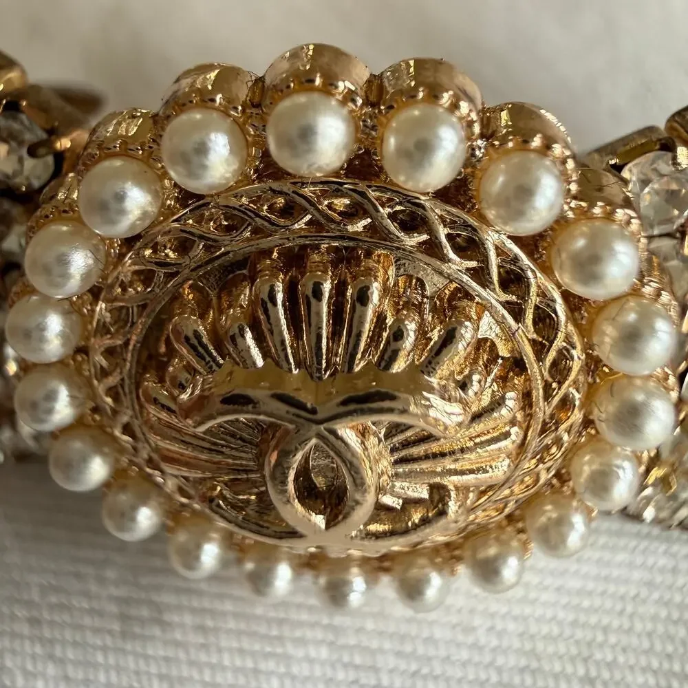 Repurposed Chanel Button Crystal Bow Barrette Faux Pearls & Rhinestones in Gold